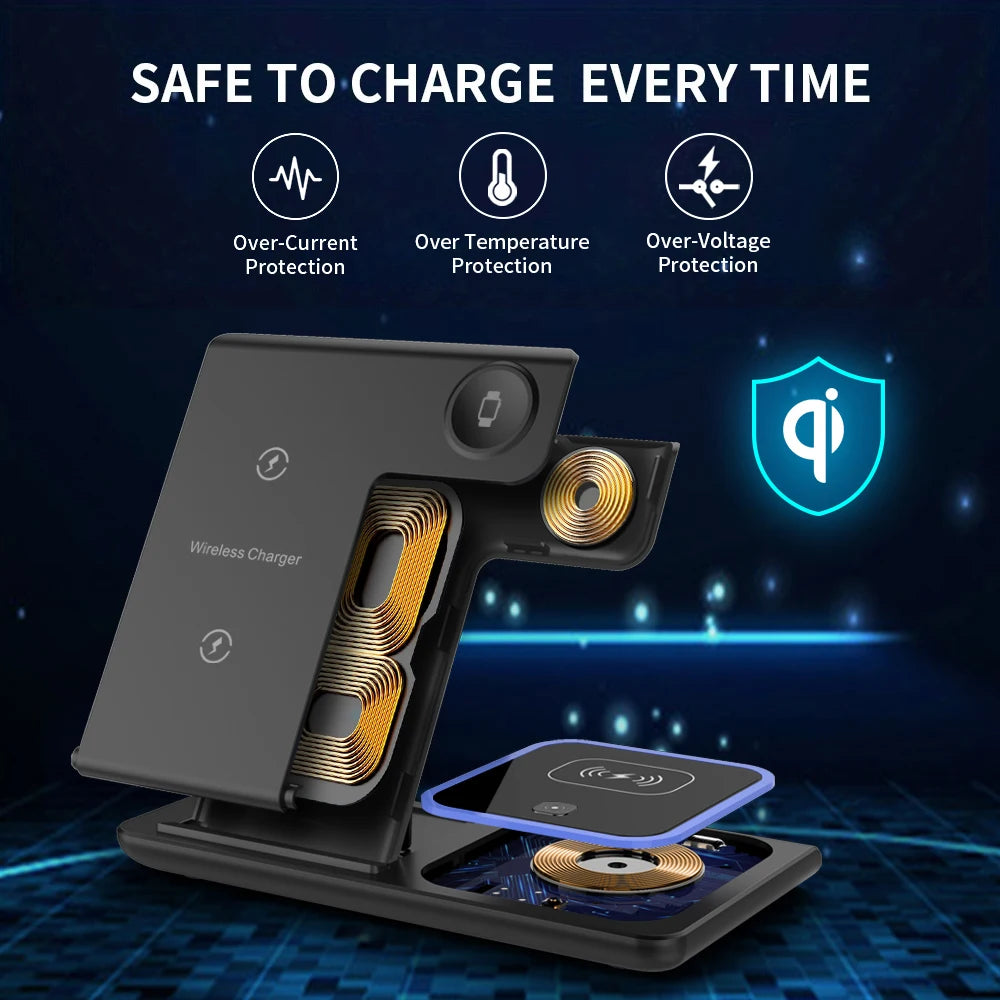 200W 3 in 1 Wireless Charger Stand Pad Foldable Fast Charging Station Dock for Iphone 16 15 14 13 12 11 X 8 Apple Watch Airpods