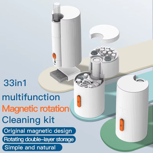 QM33 Magnetic Rotating 33 in 1 Cleaning Kit, Multifunctional Tool Set for Phone Camera Lens Keyboard PC Laptop Screen Drone