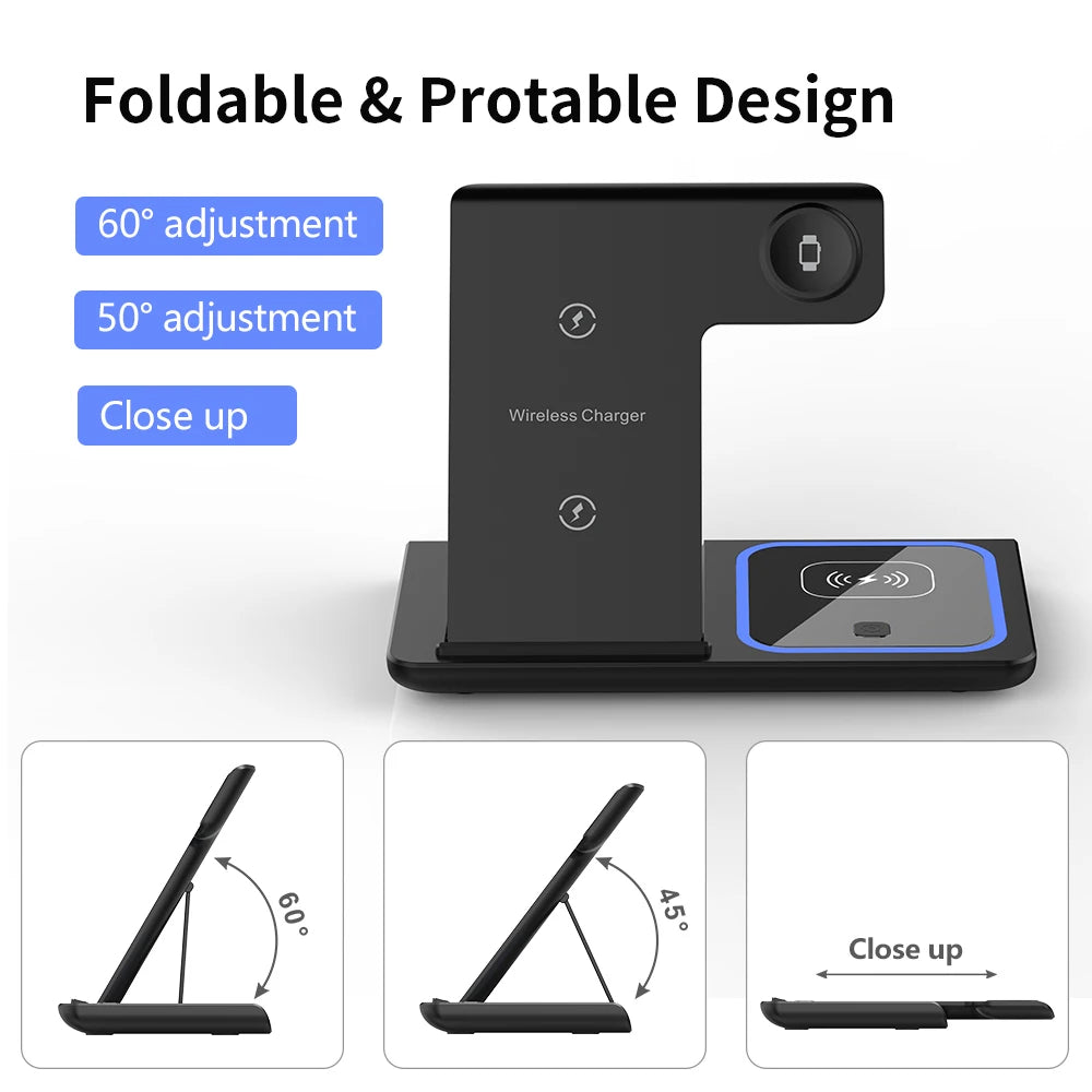 200W 3 in 1 Wireless Charger Stand Pad Foldable Fast Charging Station Dock for Iphone 16 15 14 13 12 11 X 8 Apple Watch Airpods